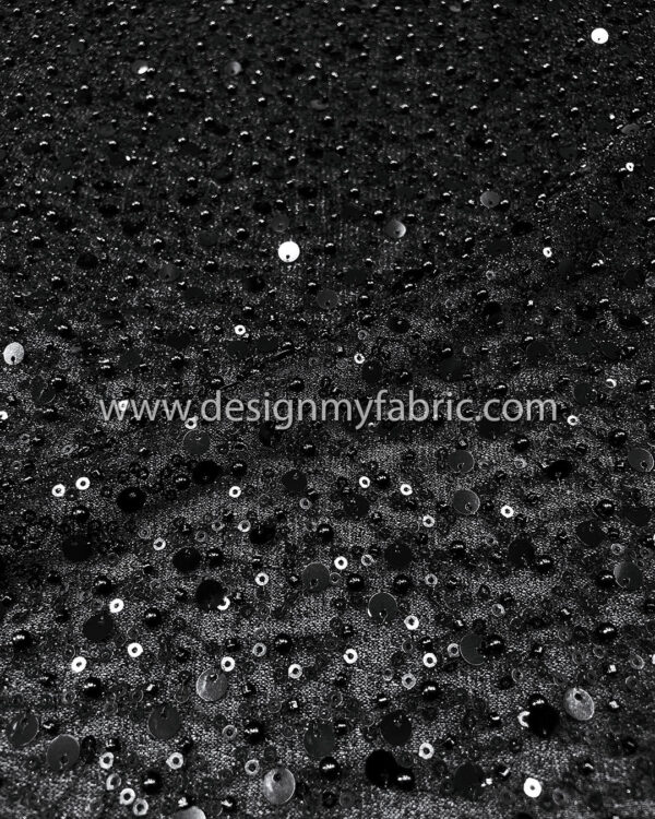 Black pearls and sequined lace fabric #50525 - Image 2