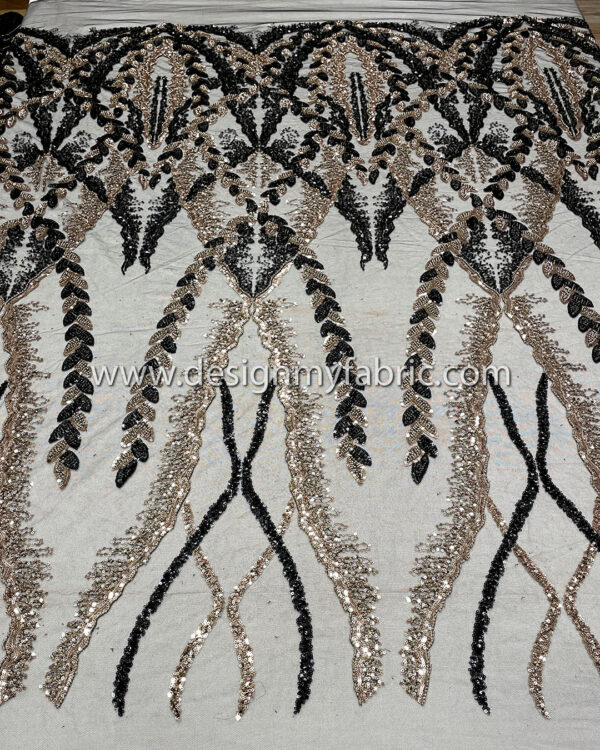 Black and bronze sequined lace fabric with beads #50503 - Image 8