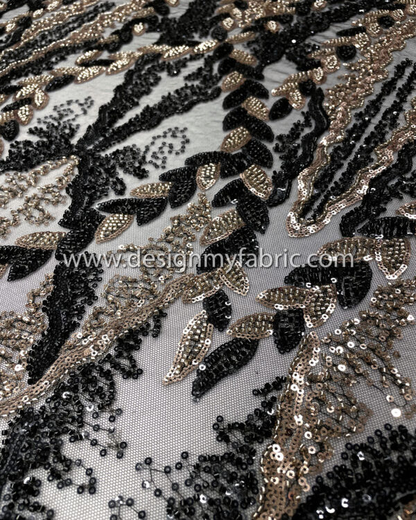 Black and bronze sequined lace fabric with beads #50503 - Image 4