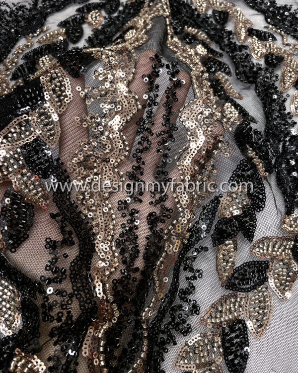 Black and bronze sequined lace fabric with beads #50503 - Image 3