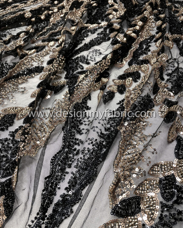 Black and bronze sequined lace fabric with beads #50503 - Image 2