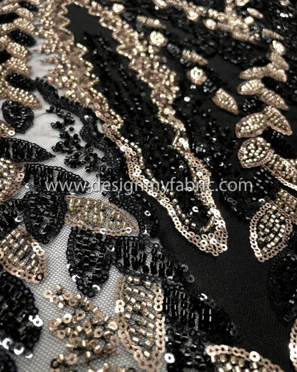 Black and bronze sequined lace fabric with beads #50503 - Image 6