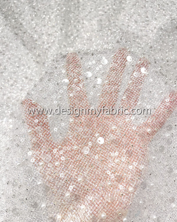 White beads and sequin glitter lace fabric #50533 - Image 3