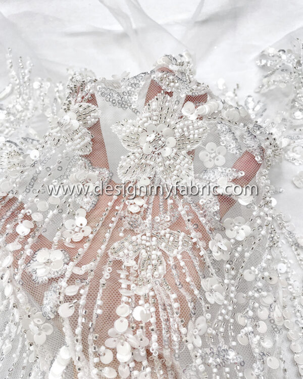 White flower bridal lace with sequines and beads #50517 - Image 3