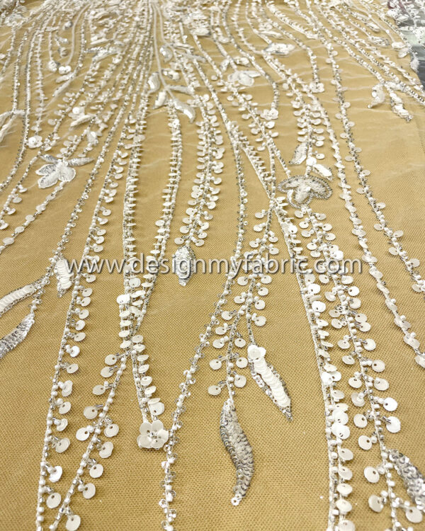 White flower bridal lace with sequines and beads #50517 - Image 5