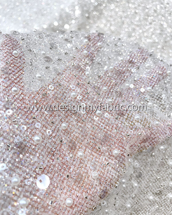 White beads and sequin glitter lace fabric #50533 - Image 6