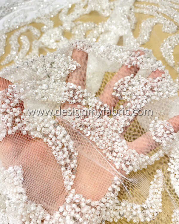 White beads and sequines lace fabric #50513 - Image 5