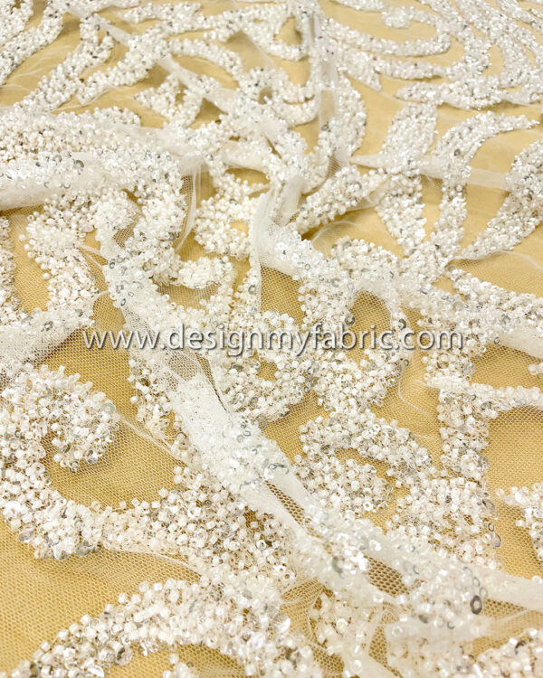 White beads and sequines lace fabric #50513 - Image 6