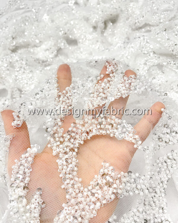 White beads and sequines lace fabric #50513 - Image 3