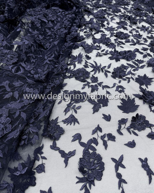 3d flower navy blue net fabric #10022