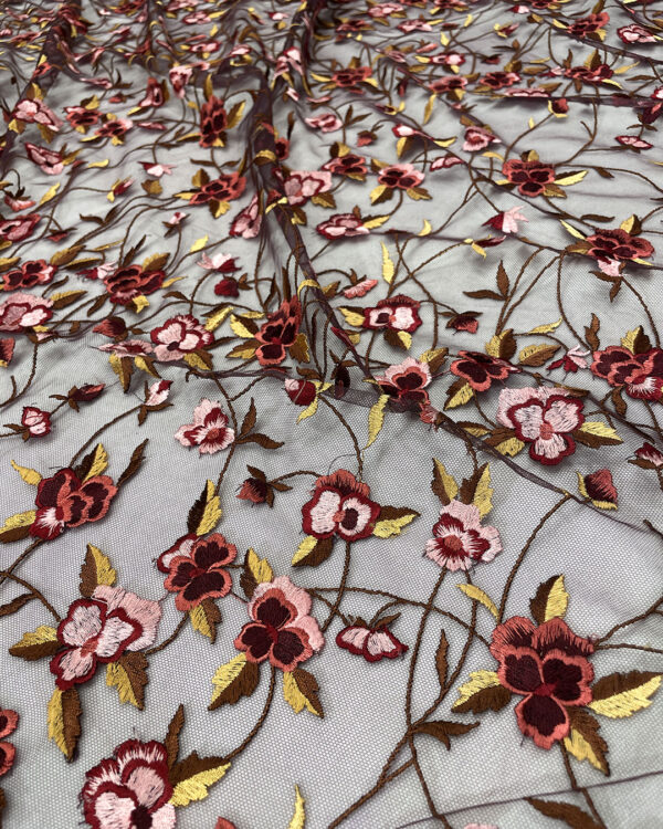 Multicolor flower and burgundy lace fabric #80798 - Image 4