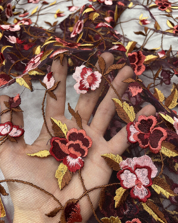 Multicolor flower and burgundy lace fabric #80798 - Image 3