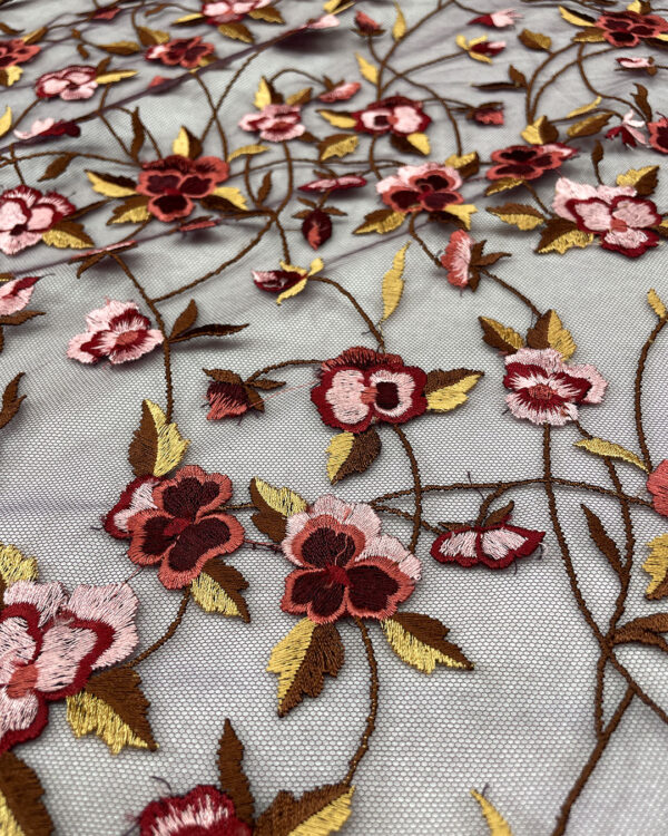 Multicolor flower and burgundy lace fabric #80798 - Image 2