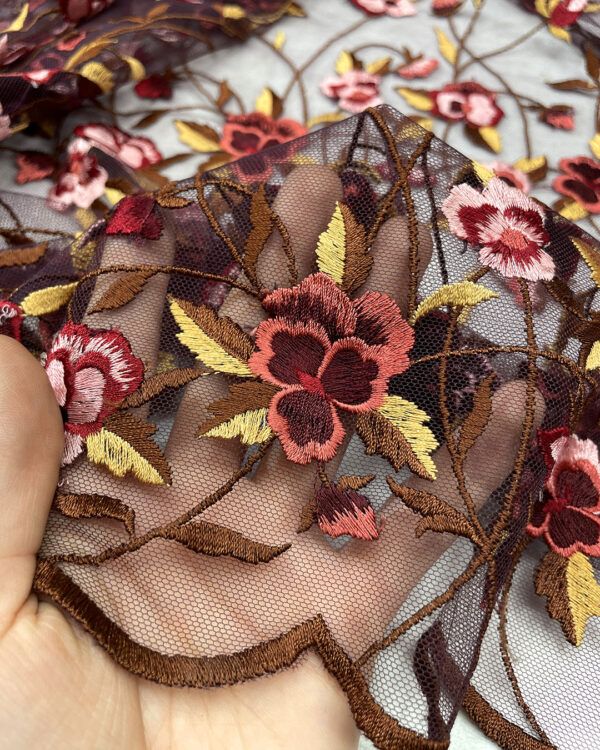 Multicolor flower and burgundy lace fabric #80798 - Image 7