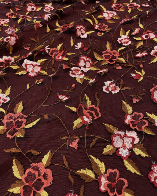 Multicolor flower and burgundy lace fabric #80798 - Image 5