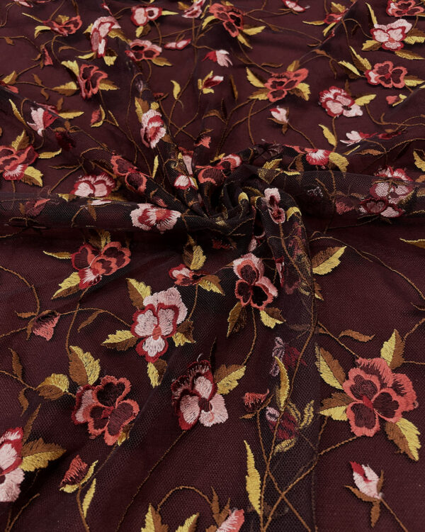 Multicolor flower and burgundy lace fabric #80798 - Image 9