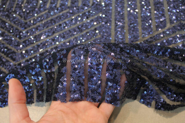 Blue stripped diamond sequined lace fabric #81829 - Image 2