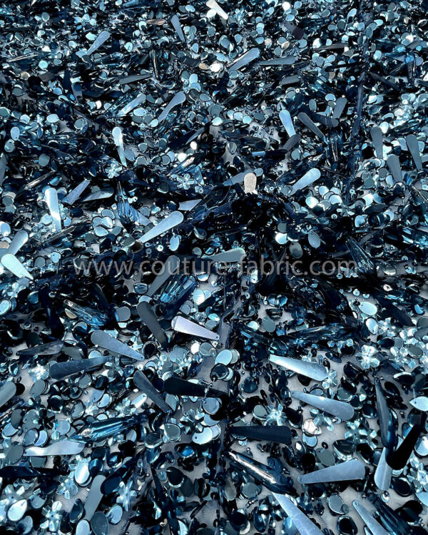 Petrol blue sequined and crystals couture lace - Image 4