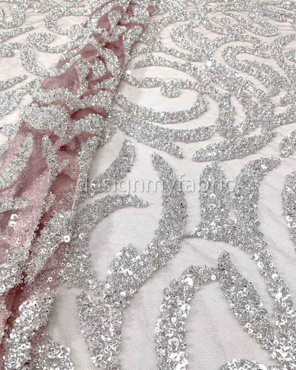 Silver sequined dusty pink lace fabric #200332