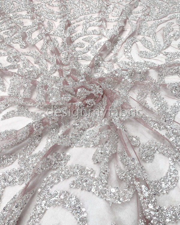 Silver sequined dusty pink lace fabric #200332 - Image 4