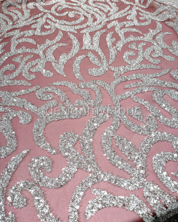 Silver sequined dusty pink lace fabric #200332 - Image 7