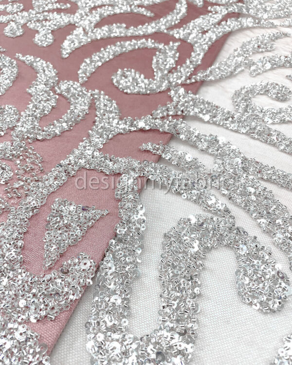 Silver sequined dusty pink lace fabric #200332 - Image 6