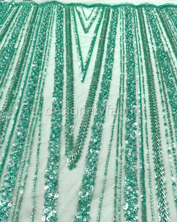 Silver sequined turquoise lace fabric #200348 - Image 2