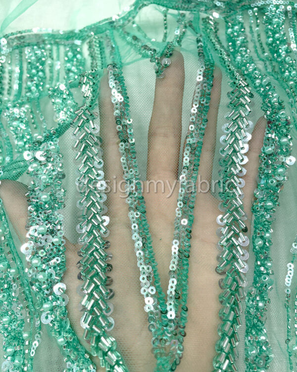 Silver sequined turquoise lace fabric #200348 - Image 4