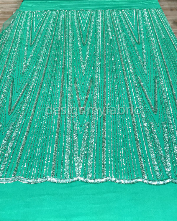 Silver sequined turquoise lace fabric #200348 - Image 7