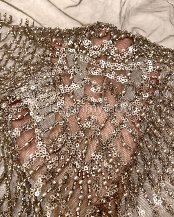 Brown sequined lace fabric with beads #200340 - Image 2