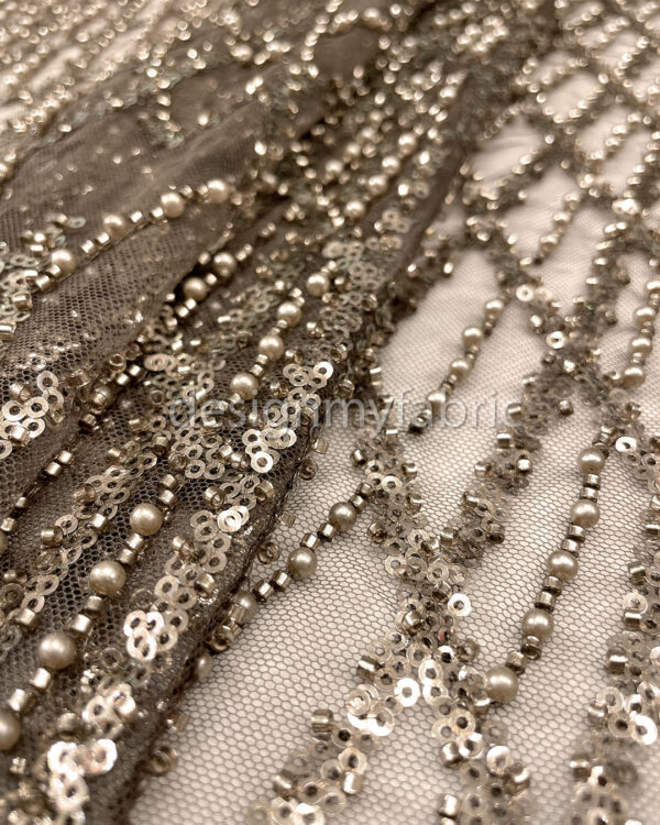 Brown sequined lace fabric with beads #200340 - Image 4