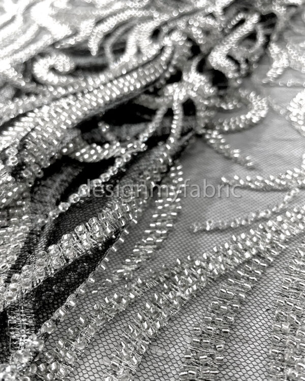 Silver sequined black lace fabric #200320 - Image 5