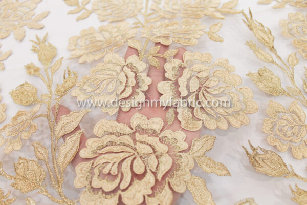 Gold  floral embroidered net fabric #10021 - Image 6