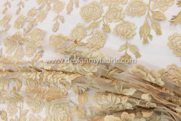 Gold  floral embroidered net fabric #10021 - Image 5