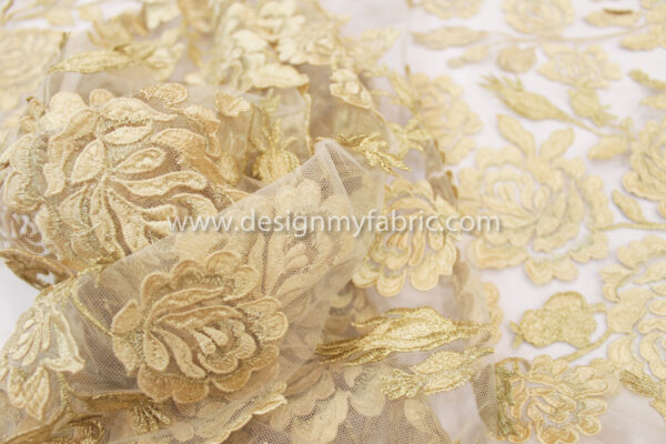 Gold  floral embroidered net fabric #10021 - Image 4