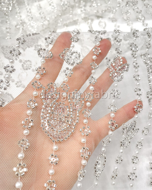 White beaded lace fabric #200352 - Image 3