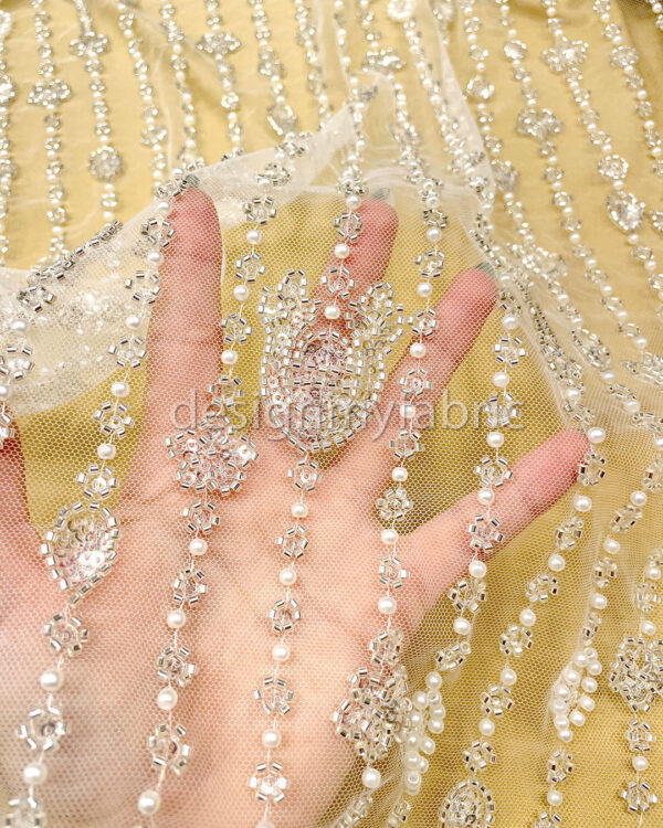 White beaded lace fabric #200352 - Image 6