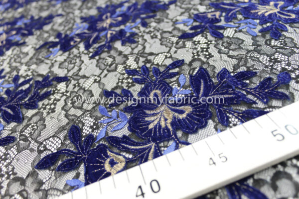 Blue velvet and sequins black lace fabric #20646 - Image 5