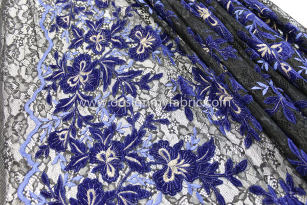 Blue velvet and sequins black lace fabric #20646