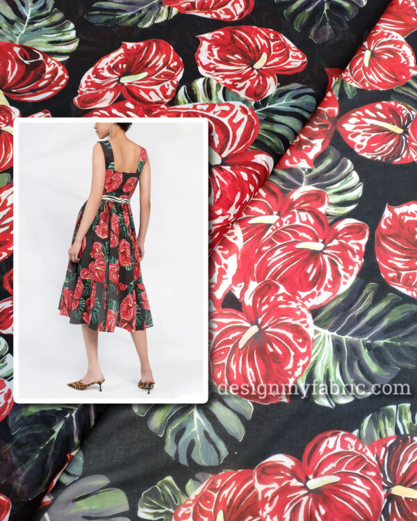 Black and Red leaf chiffon fabric #50026