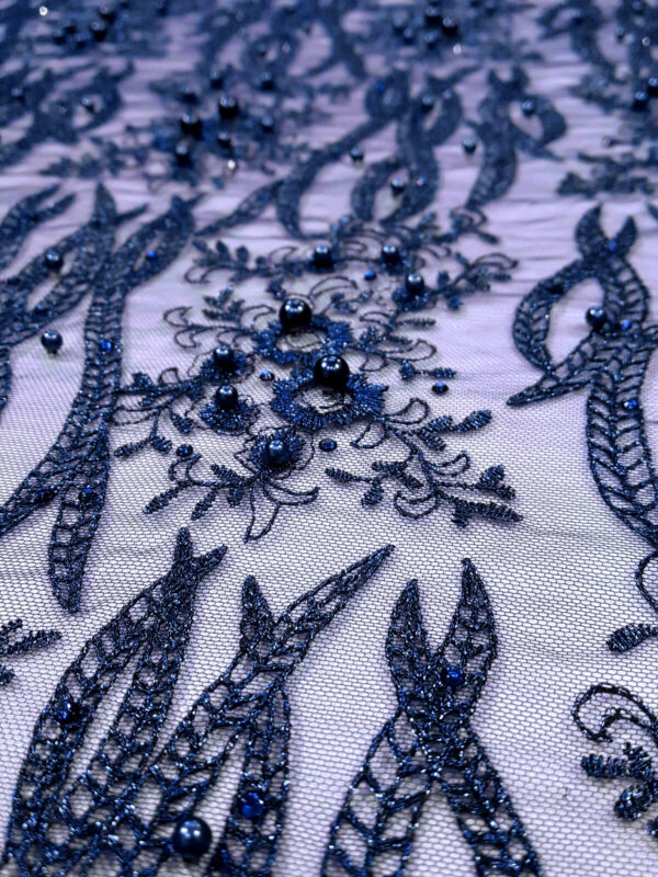 Navy Blue floral net fabric #20004 - Image 3