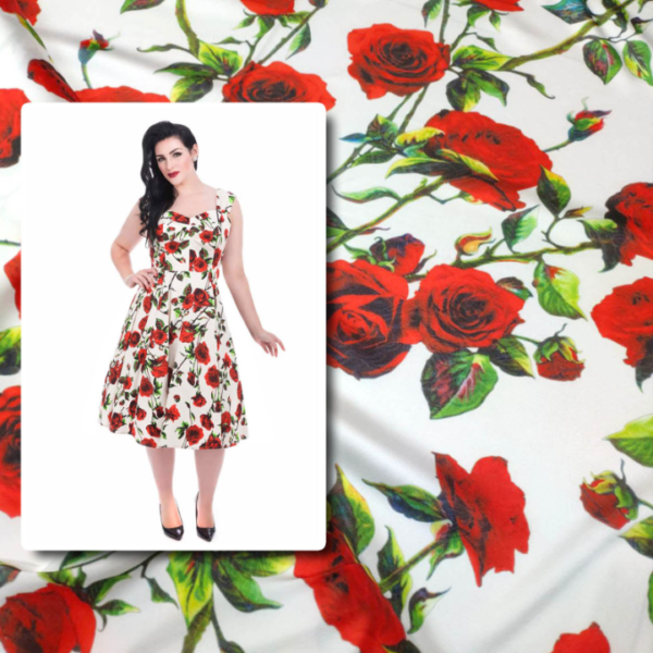 White satin with red roses print fabric #80476