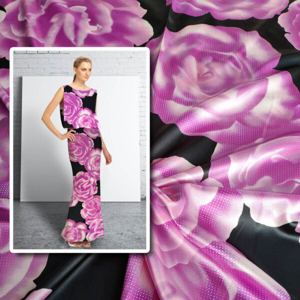 Black and purple floral satin fabric #80368