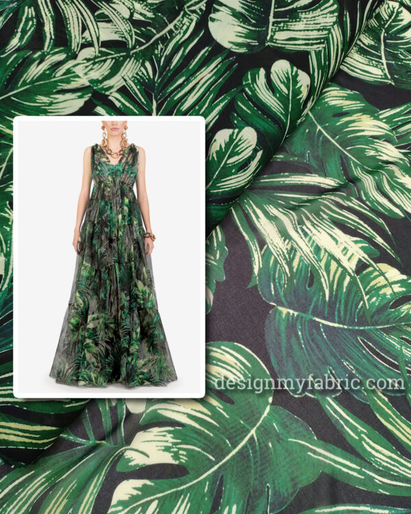 Green and Black leaf chiffon fabric #50025