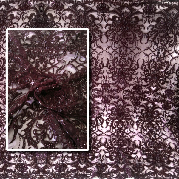 Burgundy beaded lace fabric #91403