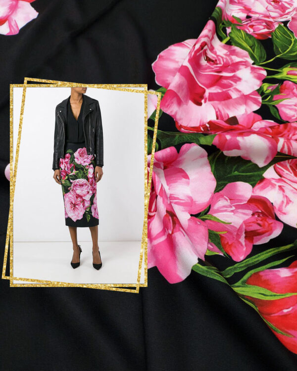 Black crepe fabric with pink roses #20024 - Image 7