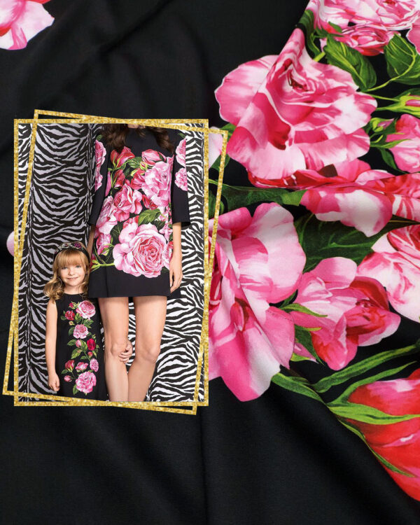 Black crepe fabric with pink roses #20024