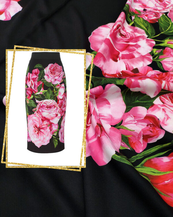 Black crepe fabric with pink roses #20024 - Image 8