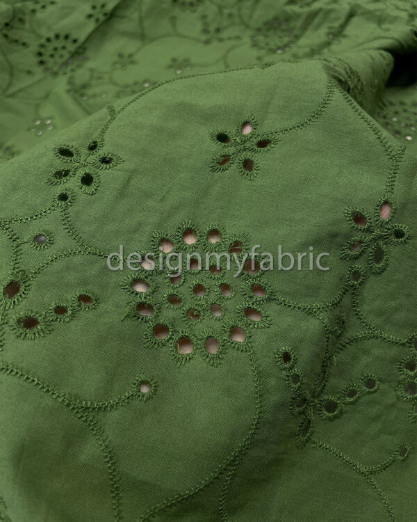 Olive green cotton embroidered eyelet fabric #200497 - Image 3