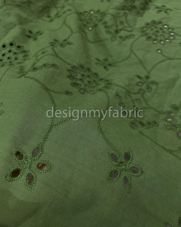 Olive green cotton embroidered eyelet fabric #200497 - Image 4